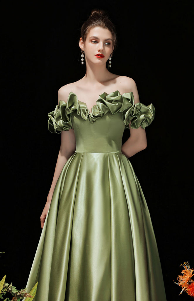 Green Satin Off Shoulder Long Evening Dress, Green Prom Dress Party Dr