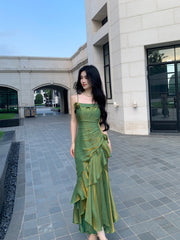 Green Satin Straps Long Evening Dress Prom Dress, Green Satin Scoop Evening Dress