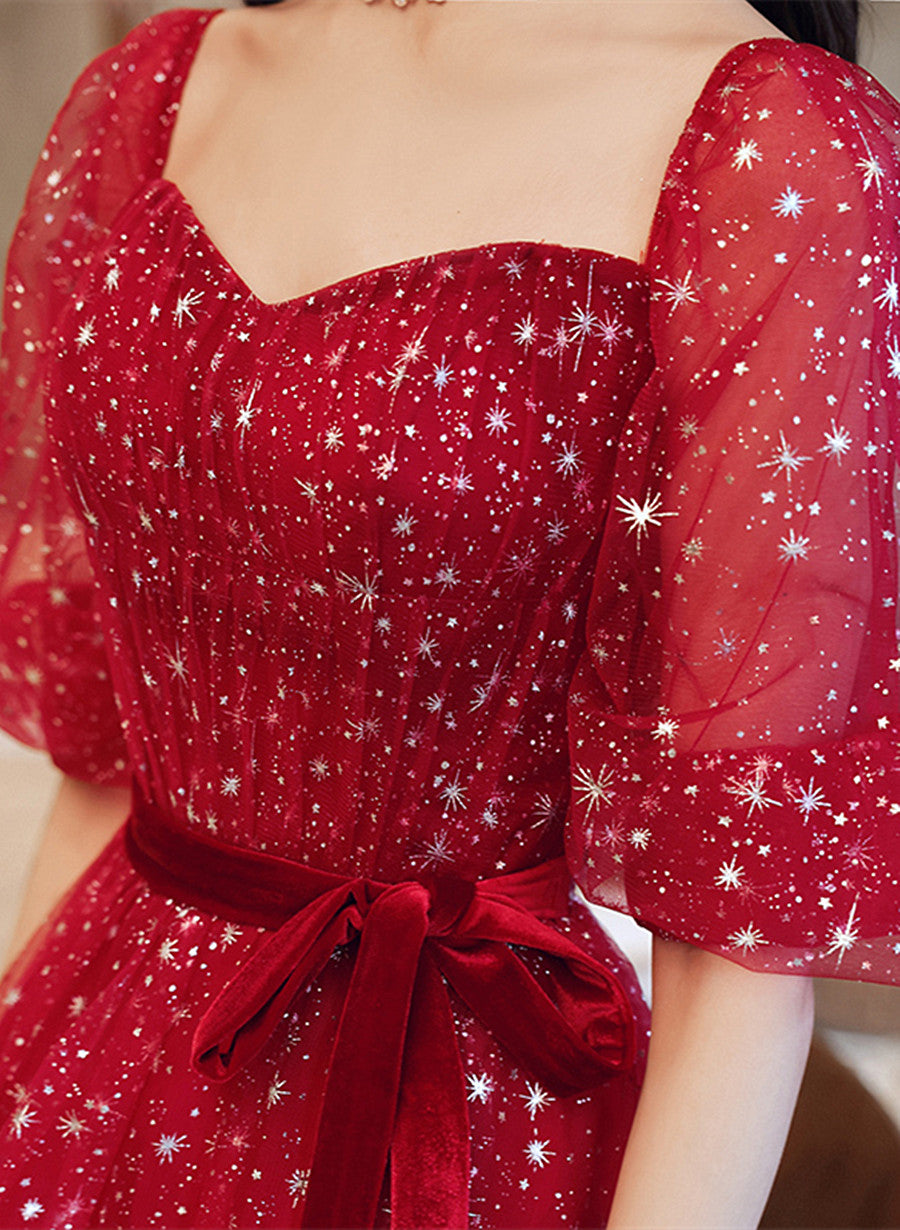 Dark Red Short Sleeves Sweetheart Tulle Prom Dress, A-line Dark Red Formal Dress