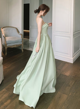 Simple Sweetheart Straps Satin Long Party Dress, A-line Satin Green Prom Dress