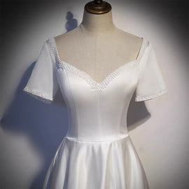 White Satin High Low Sweetheart Short Sleeves Wedding Dress, White Party Dress