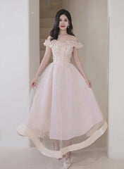 Pink Sweetheart Beaded Tea Length Tulle Homecoming Dress, Pink Tulle Short Prom Dress