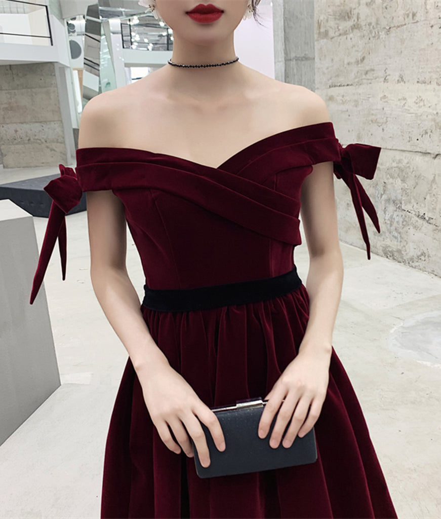Wine Red V-neckline Velvet Long Bridesmaid Dress Party Dress, A-line Simple Formal Dress