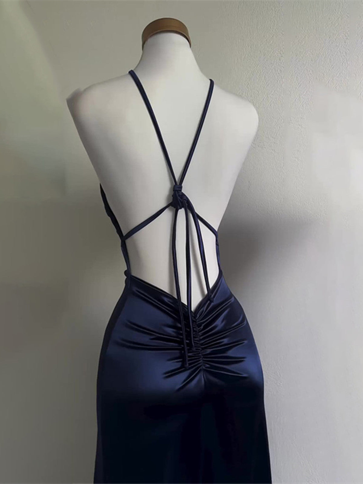 Navy Blue Satin Straps Long Evening Dress, Navy Blue Satin Prom Dress Party Dress