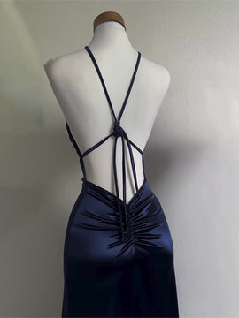 Navy Blue Satin Straps Long Evening Dress, Navy Blue Satin Prom Dress Party Dress