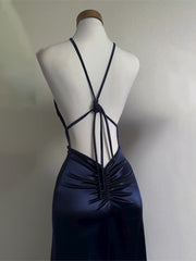 Navy Blue Satin Straps Long Evening Dress, Navy Blue Satin Prom Dress Party Dress