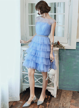 Blue Tulle Round Neckline Short Party Dress, Blue Tulle Homecoming Dress