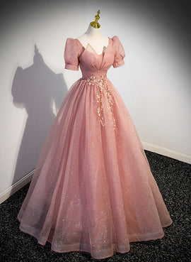 Pink Sweetheart Tulle Short Sleeves Party Dress, Pink Floor Length Formal Dress