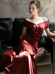 Wine Red Satin Layers Off Shoulder Long Prom Dress, Wine Red Sweetheart Evening Dress