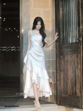 Elegant White Satin High Low Party Dress with Ruching and Tiered Ruffle, White Formal Dresses