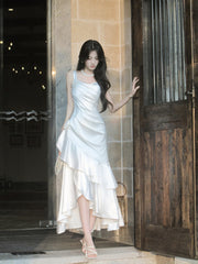 Elegant White Satin High Low Party Dress with Ruching and Tiered Ruffle, White Formal Dresses