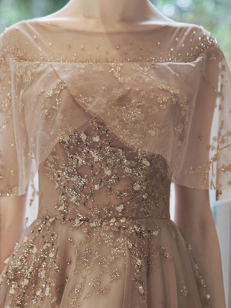 18311 Pink Embroidered Lace Tulle Tail Dress
