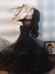 Lovely Black Tulle Short Sleeves A-line Homecoming Dress, Black Tulle Party Dress