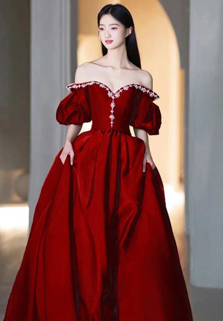 Wine Red V-neclline Satin with Lace Long Prom Dress, Wine Red Leg Slit Party Dress