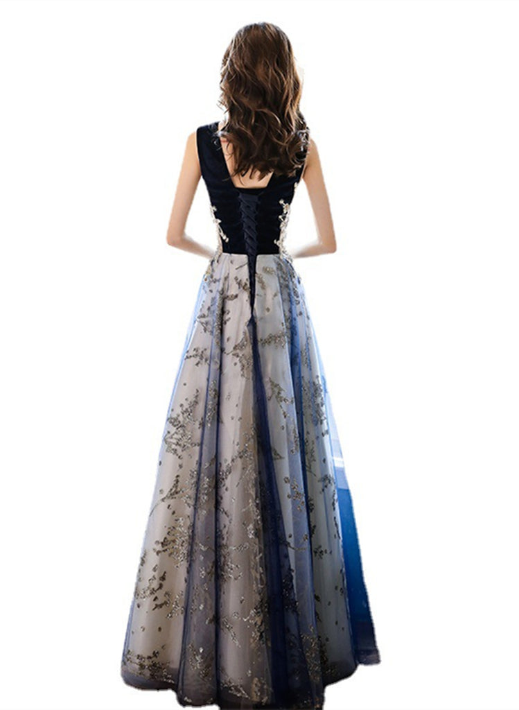 A-line Navy Blue Tulle with Lace Long Party Dress, Navy Blue Floor Len