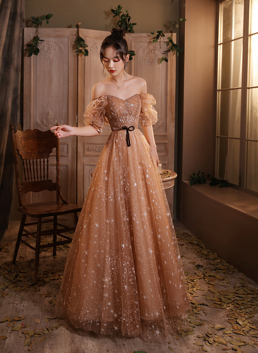 Champagne A-line Off Shoulder Sweetheart Long Party Dress, Simple Prom Dress