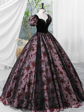 Black Tulle and Satin Short Sleeves Sweetheart Party Dress, Black Long Prom Dress Sweet 16 Dress