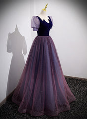 Purple Velvet and Tulle Short Sleeves Evening Dress, Purple A-line Formal Dress Prom Dress