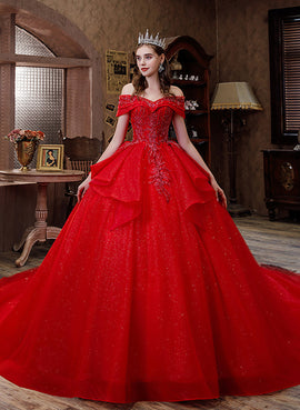 Red Sweetheart Shiny Tulle Ball Gown Long Formal Dress, Red Tulle Sweet 16 Dress