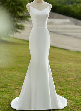 Lovely White Mermaid Straps Long Wedding Party Dress, White Long Formal Dress