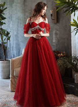 Wine Red Off Shoulder Beaded Long Formal Dress, A-line Wine Red Prom Dress