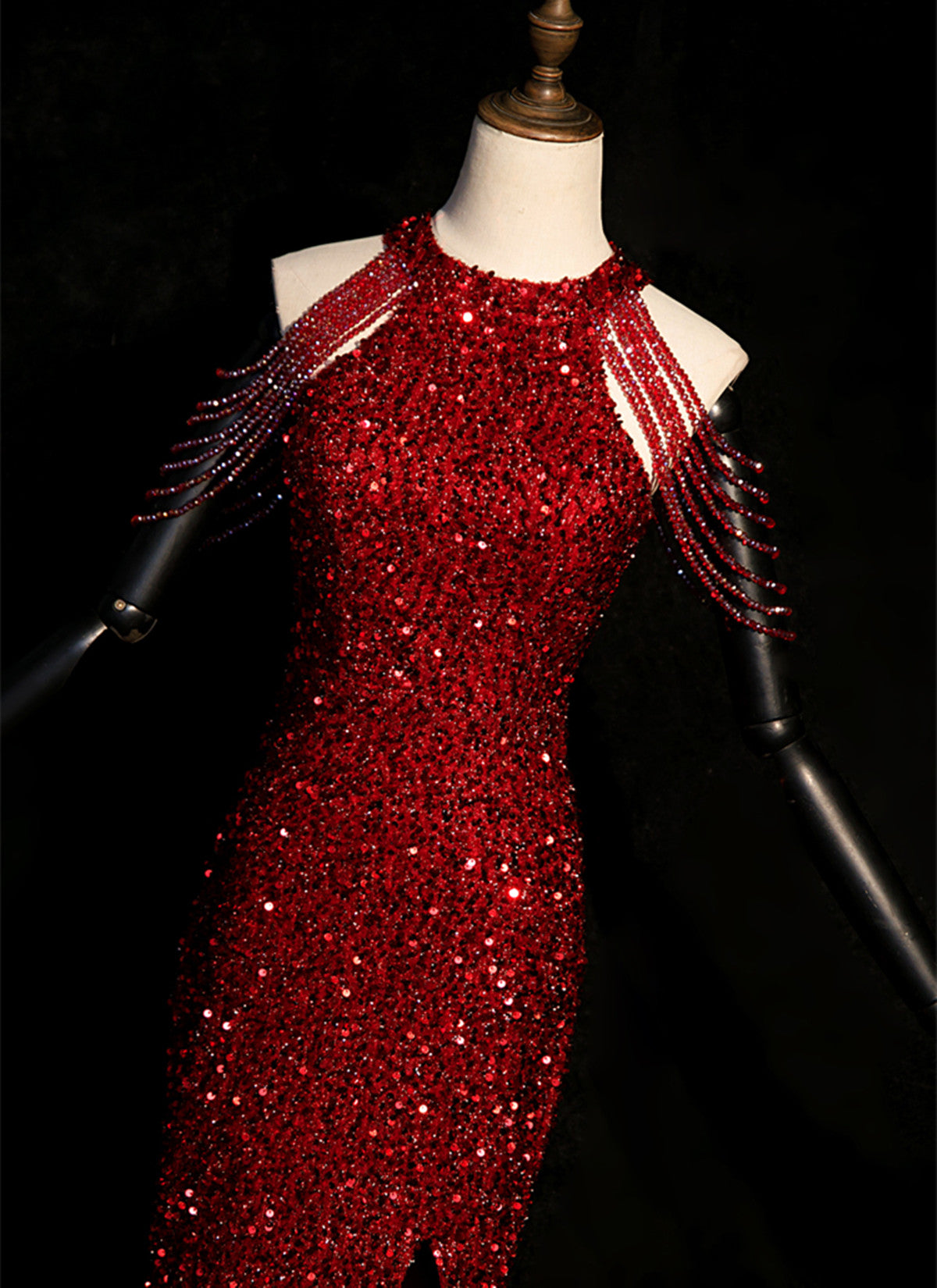 Wine Red Sequins Beaded Halter Long Formal Dress, Wine Red Sequins Prom Dress with Leg Slit