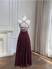 Wine Red Lace Cross Back Party Dress Prom Dress, Wine Red A-line Evening Dress