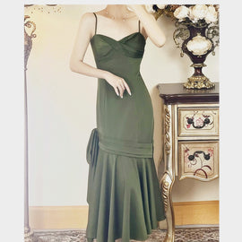 Green Satin Tea Length Sweetheart Party Dress, Green Satin Prom Dress Formal Dress