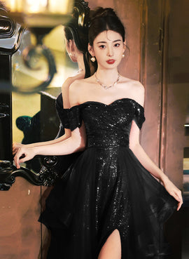 A-line Tulle Black Off Shoulder Long Evening Dress, Black Sequins Prom Dress