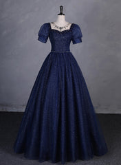 Navy Blue Round Neckline Short Sleeves Tulle Party Dress, Navy Blue Long Prom Dress
