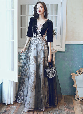 A-line Black Tulle and Velvet Long Party Dress, Black Prom Dress with Lace Applique