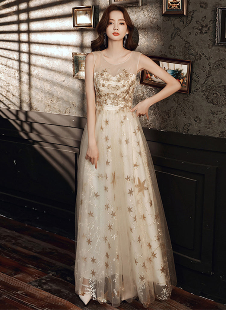 A-line Tulle Round Neckline Champagne Prom Dress, Champagne Evening Dr
