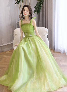 Light Green A-line Straps Tulle Long Party Dress, Light Green Tulle Prom Dress