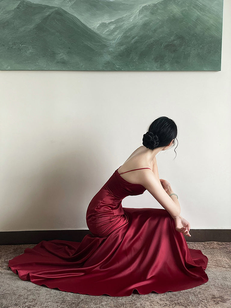 Sexy Burgundy Halter Satin Sheath Long Evening Gown Formal Birthday Dress SP233