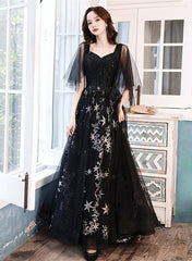 A-line Chic Black Tulle Beaded Long Evening Dress, Black Long Formal Dress