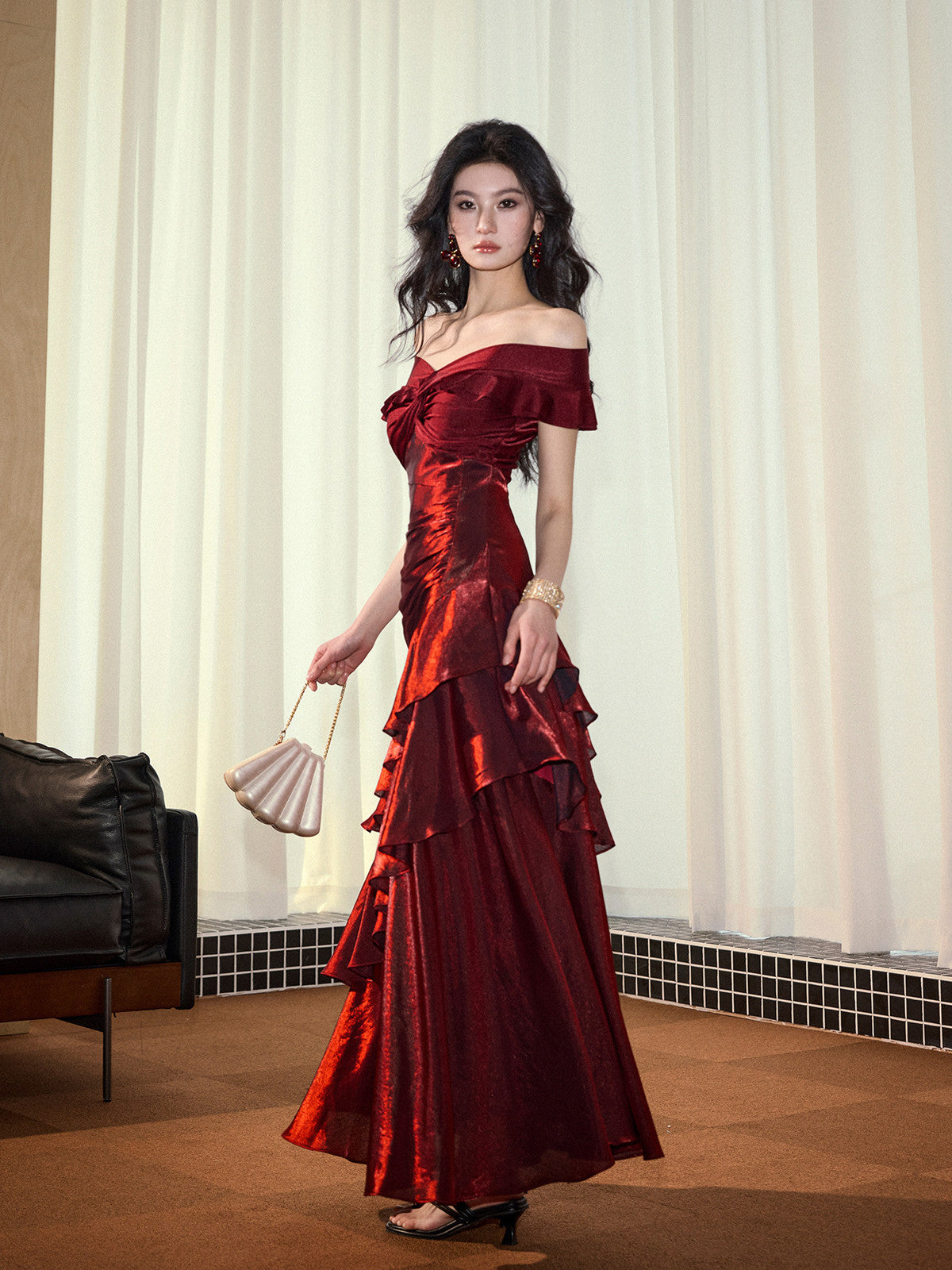 Elegant Off Shoulder Ruched Long Formal Dress, Chic Long Prom Dress with Ruffle Skirt