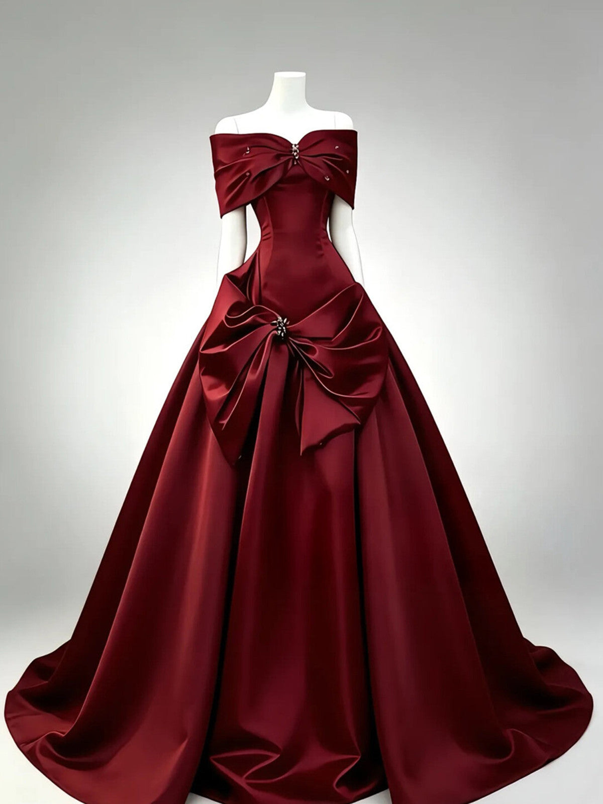 Wine Red Satin Off Shoulder Beaded Prom Dress, Wine Red BalL Gown Evening Party Dress