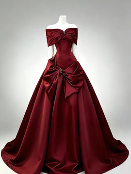 Wine Red Satin Off Shoulder Beaded Prom Dress, Wine Red BalL Gown Evening Party Dress