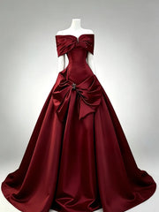 Wine Red Satin Off Shoulder Beaded Prom Dress, Wine Red BalL Gown Evening Party Dress