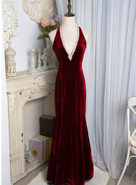 Charming Wine Red Mermaid Velvet Long Prom Dress, Wine Red Evening Dress