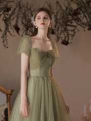 A-line Green Off Shoulder Tulle Long Party Dress, Green Simple Floor Length Prom Dress