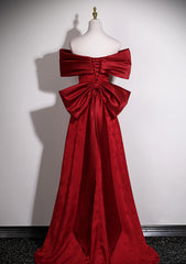 Wine Red Floral Satin Off Shoulder Prom Dress with Bow, Wine Red Satin Evening Dress