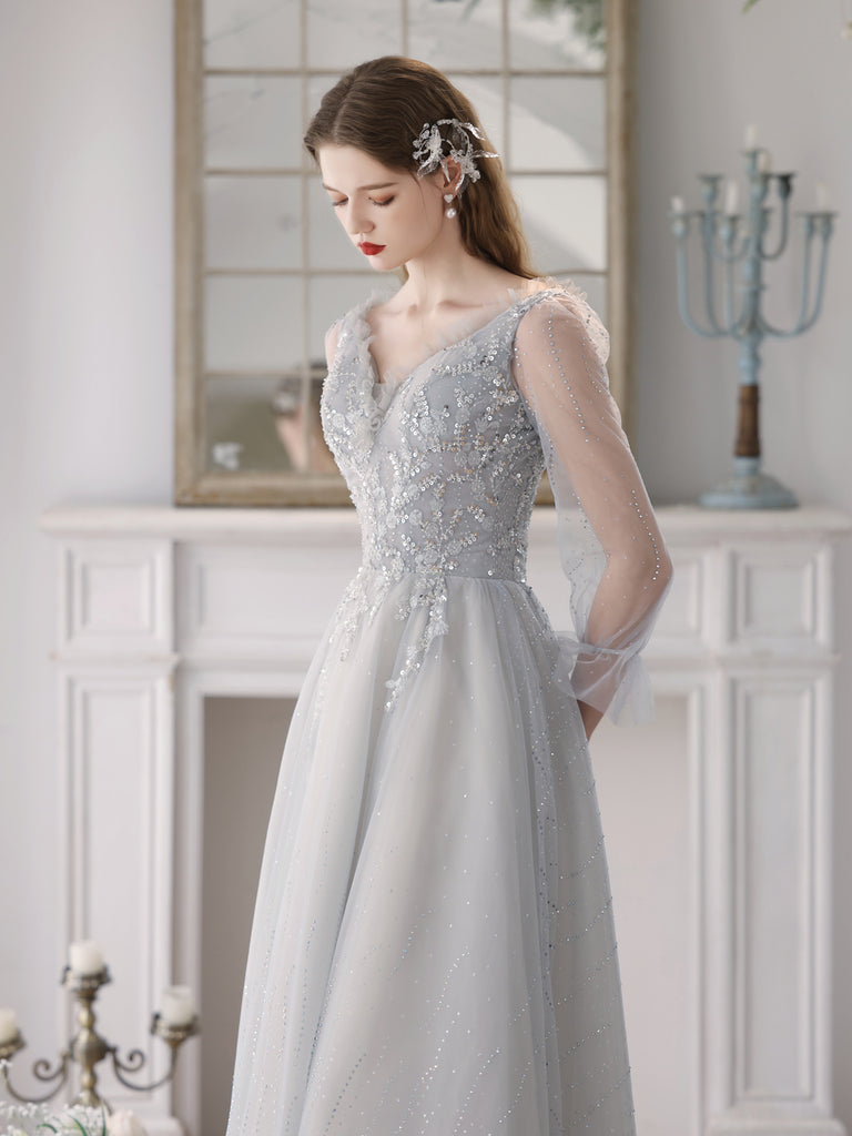 Elegant A-Line Grey Tulle Short Sleeves Long Party Dress, Grey Evening Dress Y1507