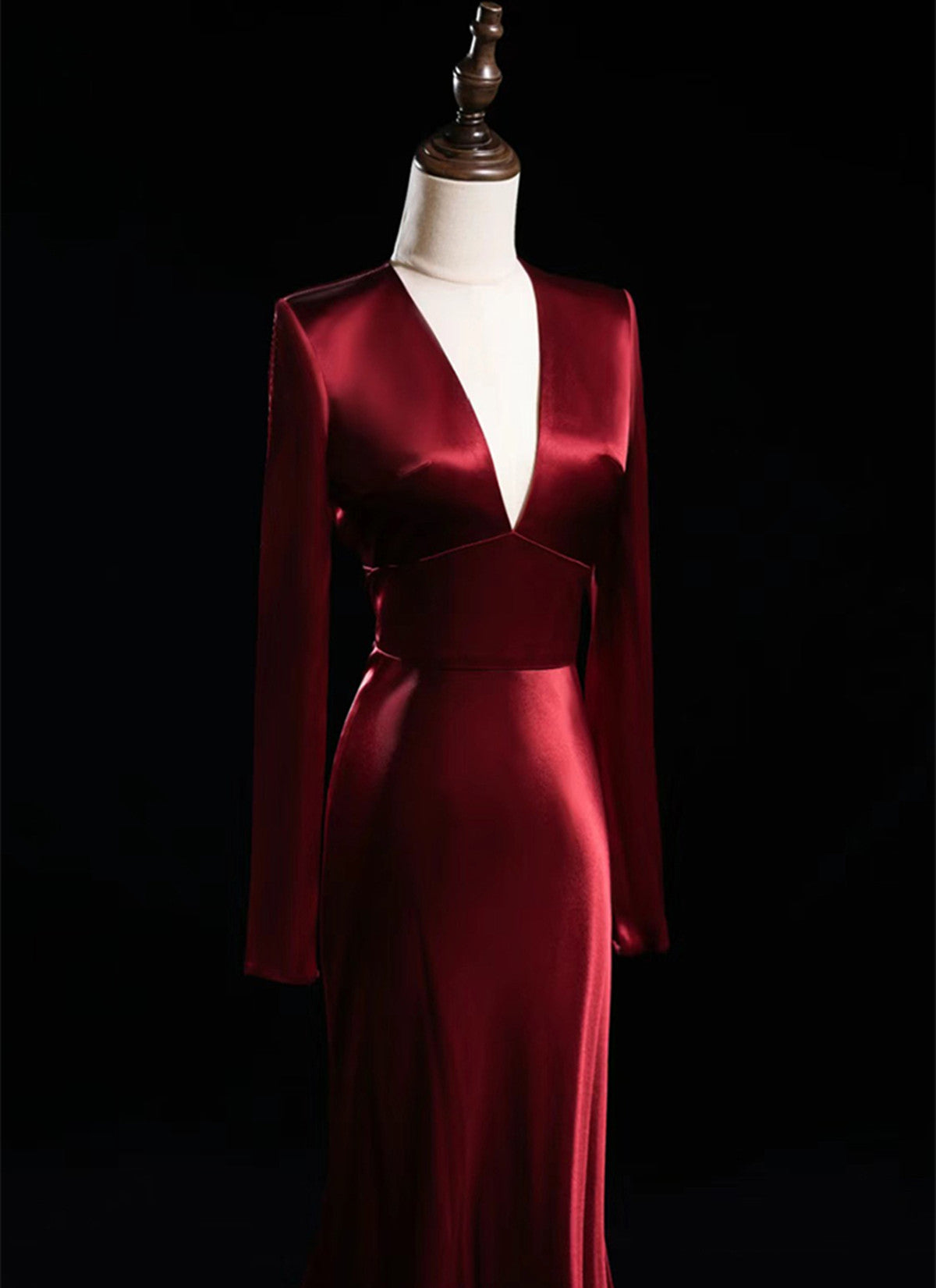 Wine Red Satin V-neckline Long Sleeves Formal Dress, Wine Red Evening Dress Prom Dress