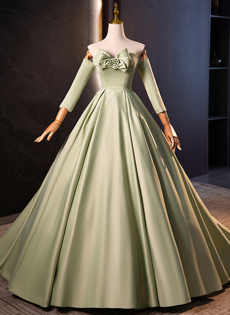 Green Satin Off Shoulder Unique Long Party Dress, Green Satin Prom Dre