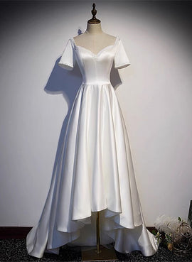 White Satin High Low Sweetheart Short Sleeves Wedding Dress, White Party Dress