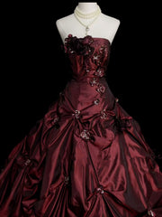 Wine Red Strapless Floral Applique Ball Gown Taftta Prom Dress, Wine Red Long Quinceanera Dress