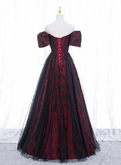 Black and Red Sweethart Tulle Floor Length Party Dress, A-line Wedding Party Dress