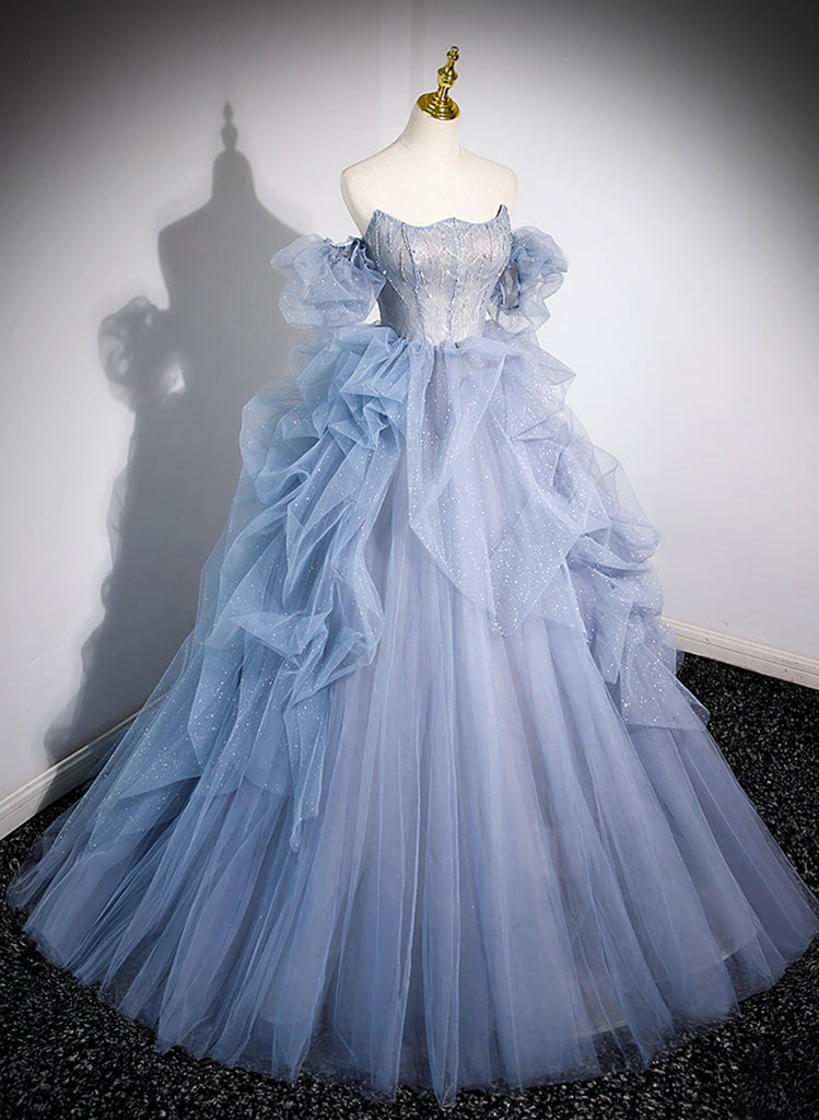 Blue Tulle Beaded Off Shoulder New Style Prom Dress, Blue Sweet 16 Dre ...