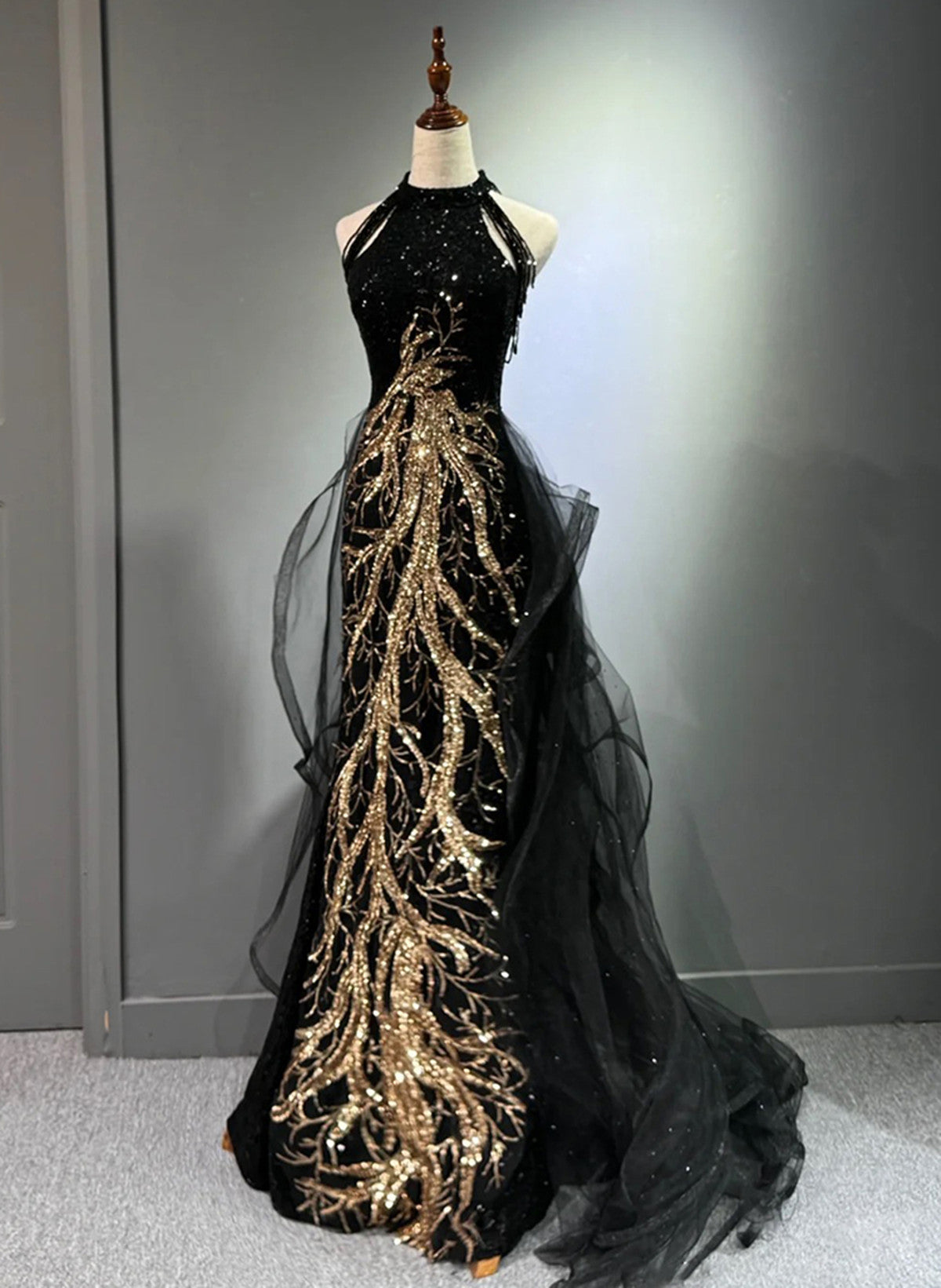 Black Halter A-line Tulle and Sequins Evening Dress, Black Long Prom D Cutedressy Black Halter A-line Tulle and Sequins Evening Dress, Black Long Prom D Cutedressy